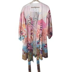 Soma Paloma Glow Satin Kimono Robe Pink Tropical Flamingo Print S/M NWT